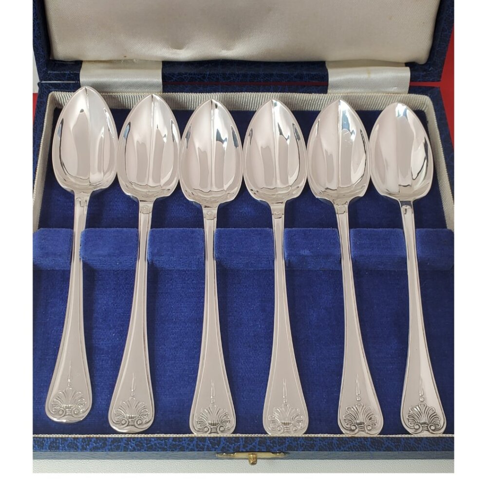 English Mappin & Webb Silver-Plated Shell Dessert Spoons – Set of 6,